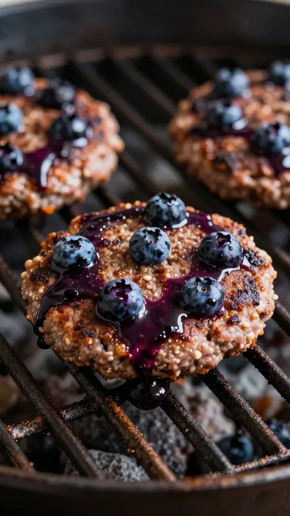 Burger patty basted with blueberry chipotle glaze on grill grates
