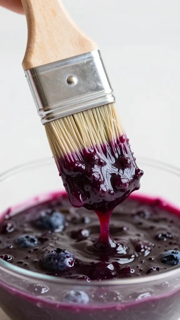 Closeup of a basting brush loaded with blueberry chipotle sauce
