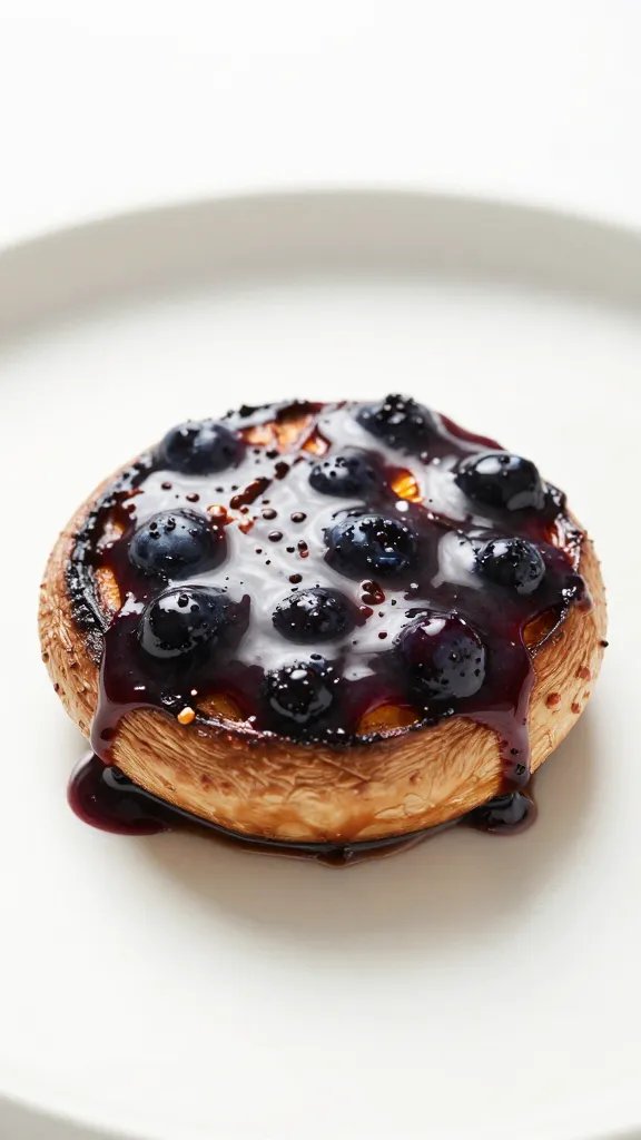 Single grilled portobello cap lacquered with blueberry chipotle glaze