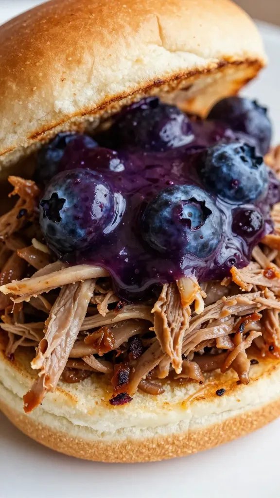 Pulled pork slider topped with blueberry chipotle sauce, closeup