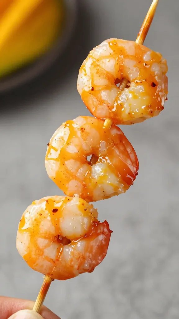 shrimp skewer brushed with mango habanero glaze, closeup