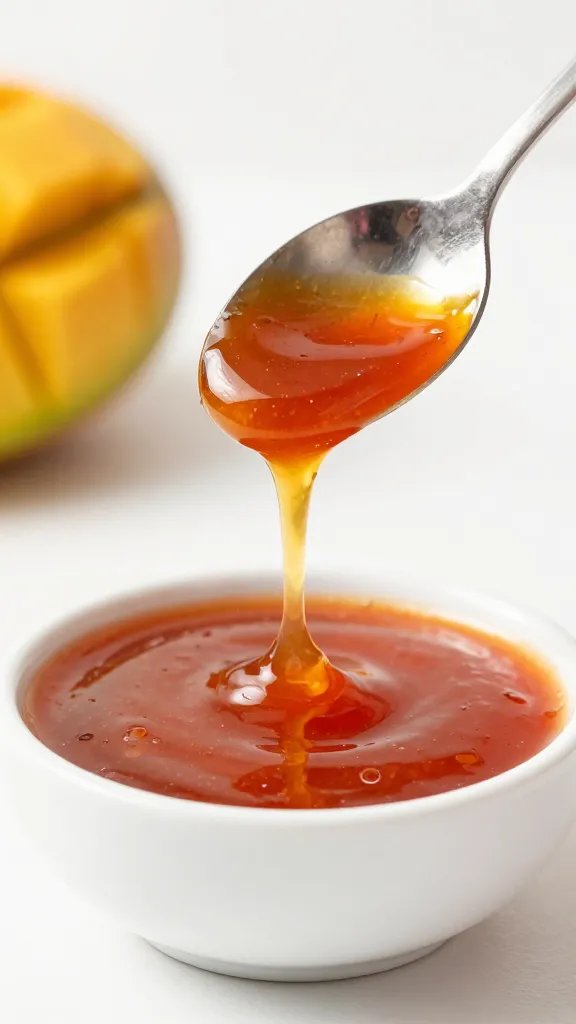 spoon dripping mango habanero bbq sauce over white bowl