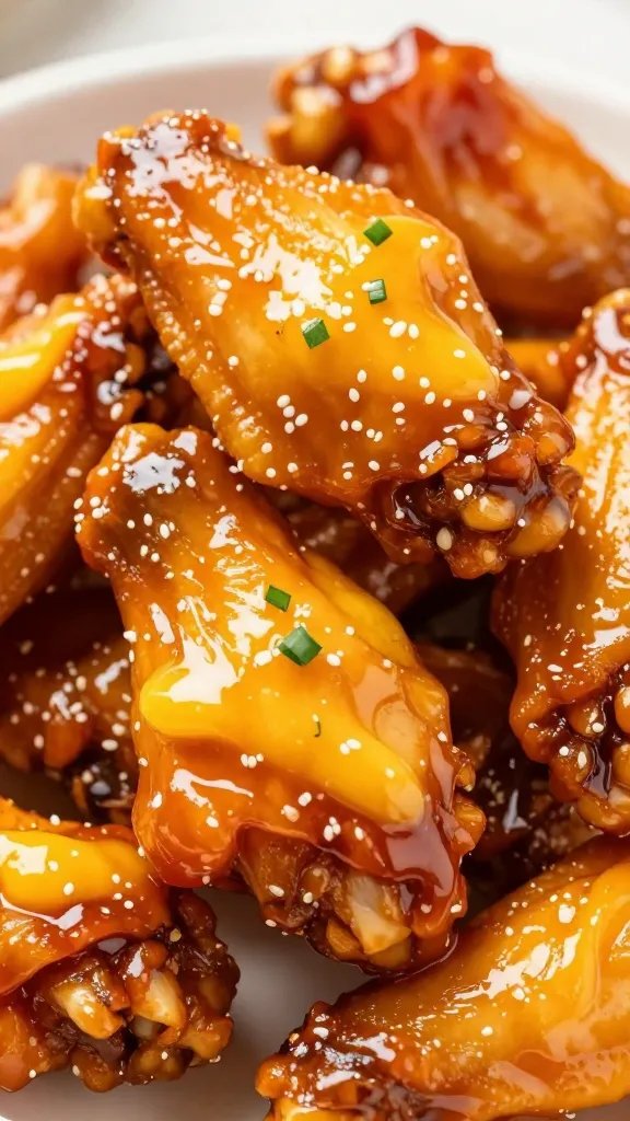chicken wing lacquered with mango habanero bbq, closeup