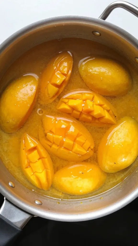 saucepan of simmering mango habanero sauce, overhead