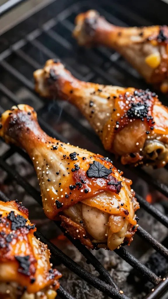 charred grill grate with sauced chicken drumstick, closeup
