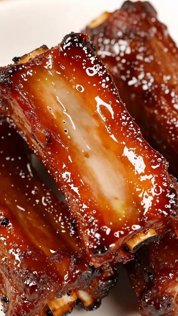 closeup of lacquered Coca-Cola glazed pork rib slice