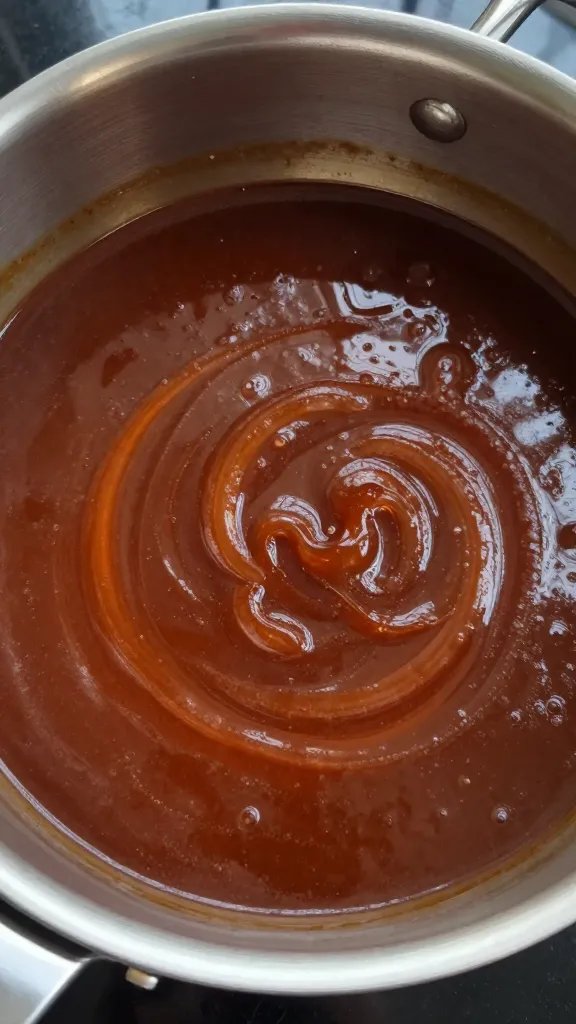 saucepan of simmering Coca-Cola BBQ sauce, glossy surface