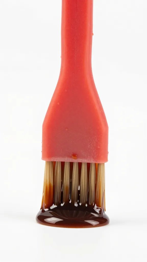 silicone brush glazing rib with thick Coke sauce, macro