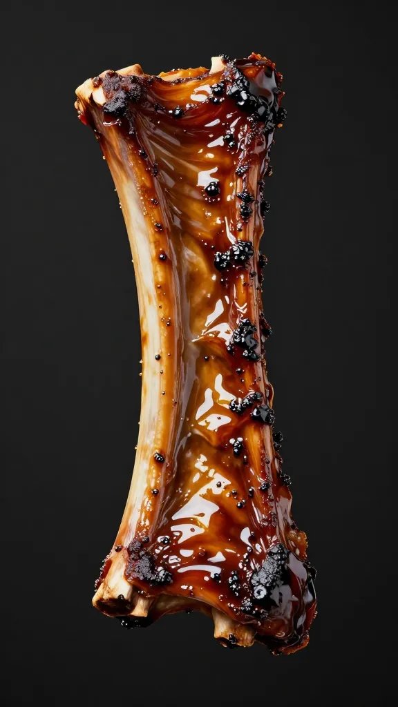 single rib bone with caramelized Coke bark, tight shot