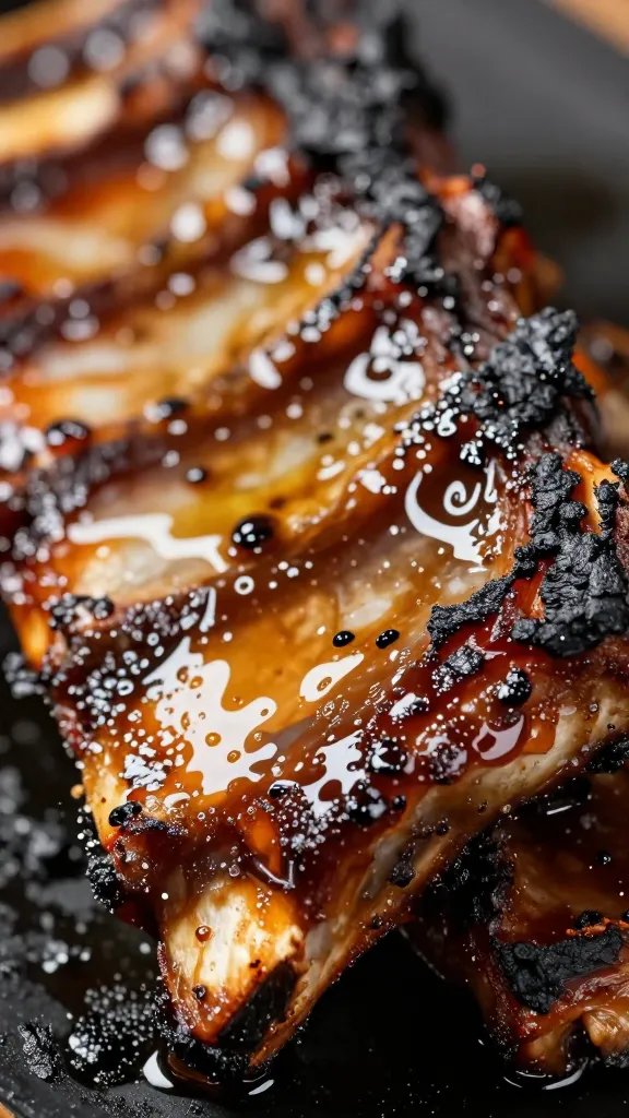 closeup of charred rib edge, sticky cola sheen