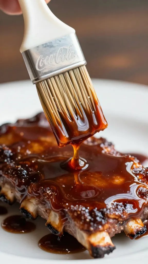 basting brush dripping Coca-Cola sauce onto rib, macro
