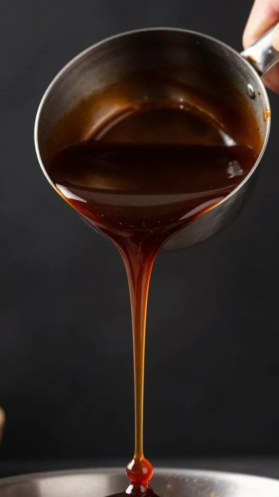 Closeup ladle dripping stout BBQ sauce, dark backdrop