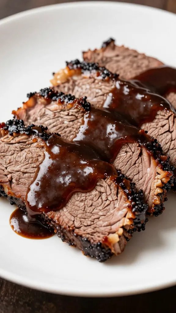 Sliced Texas brisket brushed with glossy stout sauce