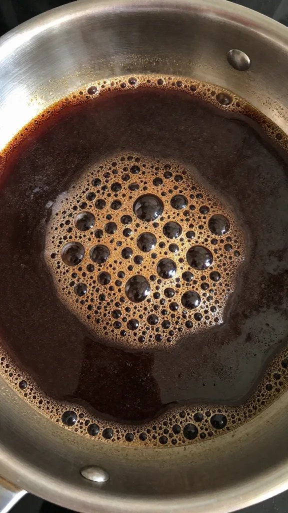 Saucepan simmering stout BBQ sauce, visible bubbles