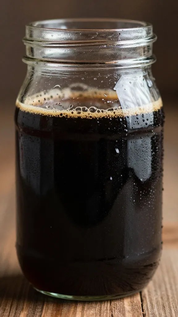 Mason jar of smoky stout sauce, condensation beads