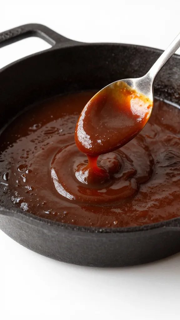 Spoonful of stout BBQ sauce over cast-iron skillet
