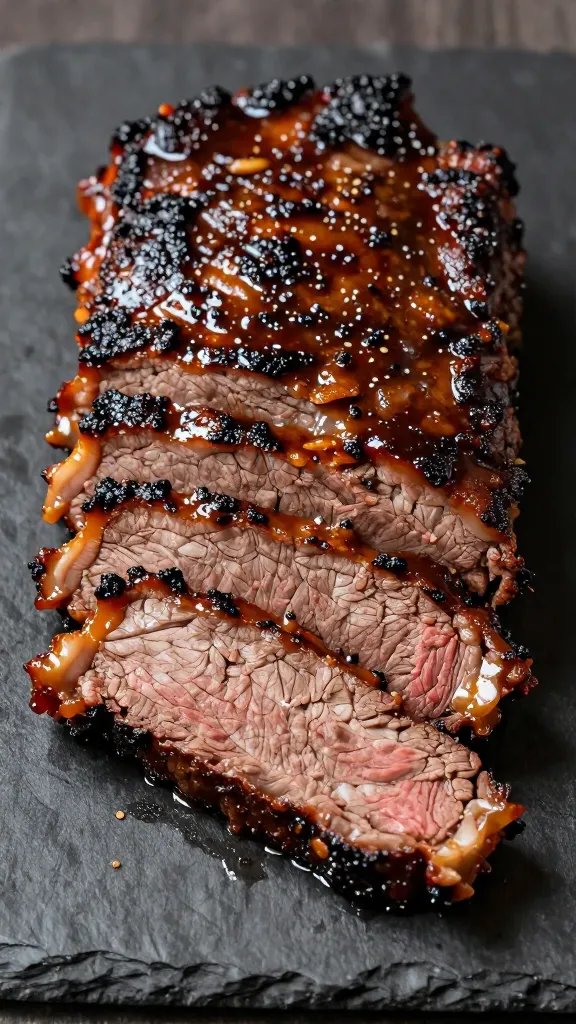 Single brisket slice with sauce sheen, sliced grain
