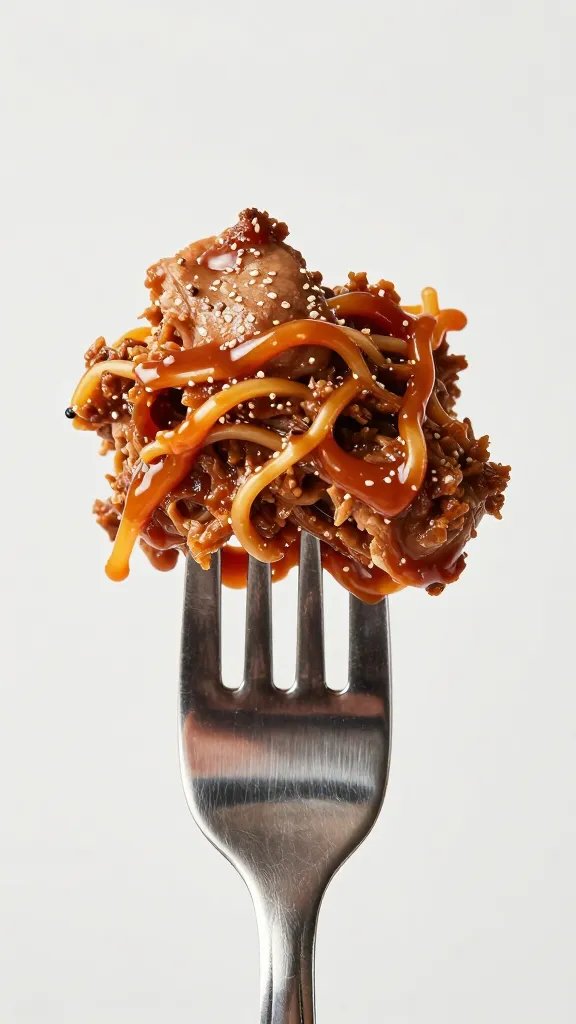 Pulled pork on fork tips, sauce clinging strands