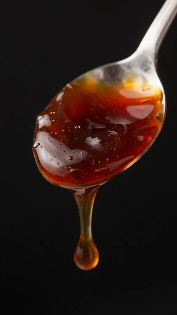 glossy cherry cola bbq sauce spoon closeup on black background