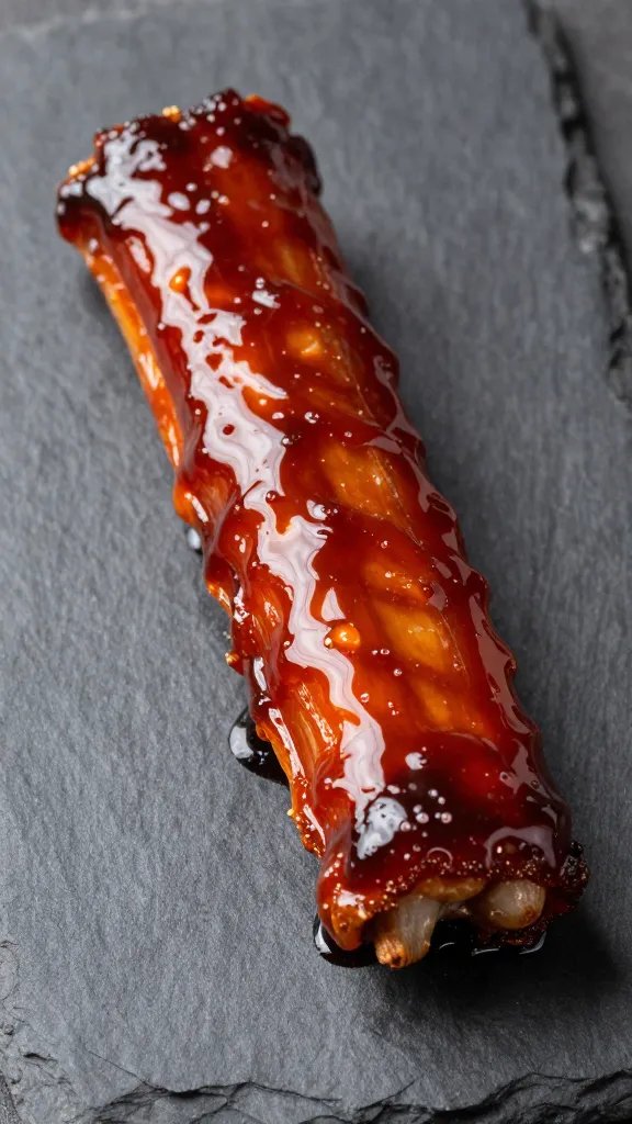 single rib glazed with cherry cola sauce on slate