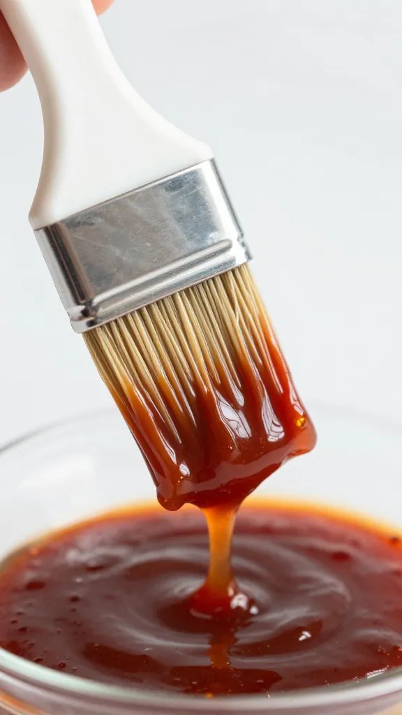 basting brush loaded with cherry bbq sauce macro