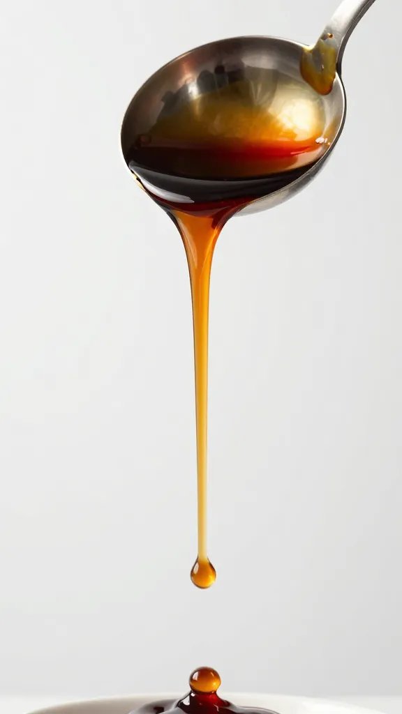 single ladle pouring glossy bbq sauce in midair