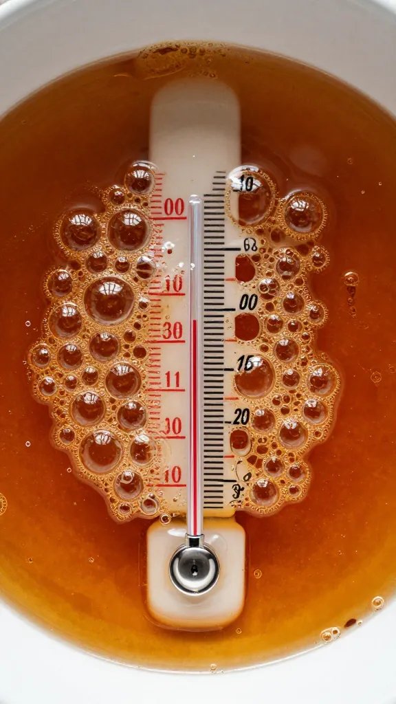thermometer reading syrup stage in bubbling sauce