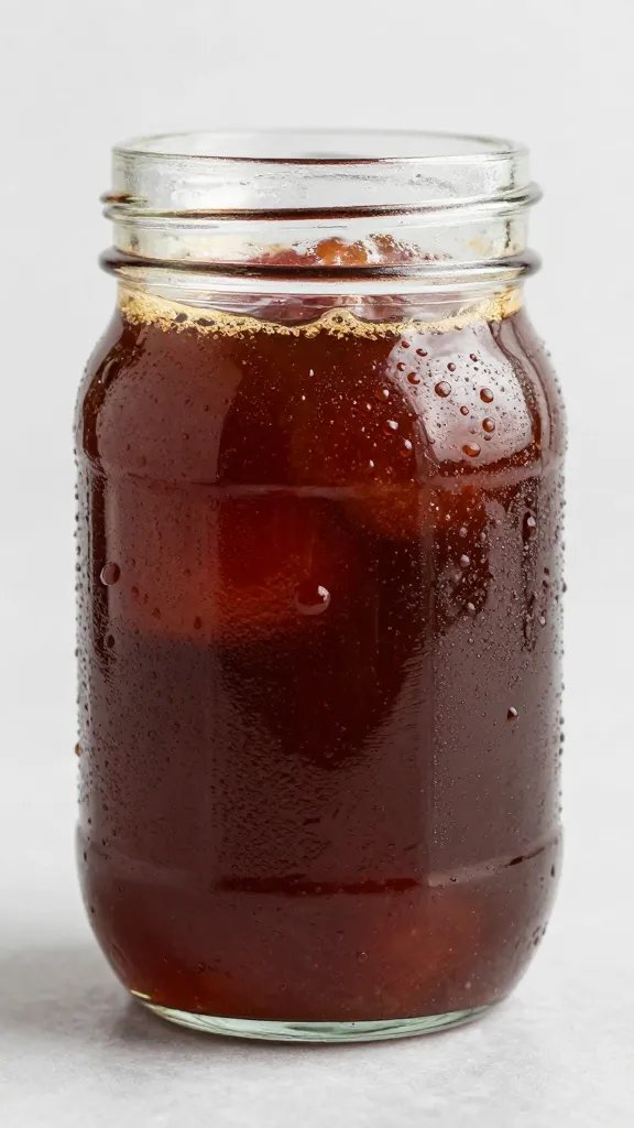 mason jar of cherry cola bbq sauce with condensation