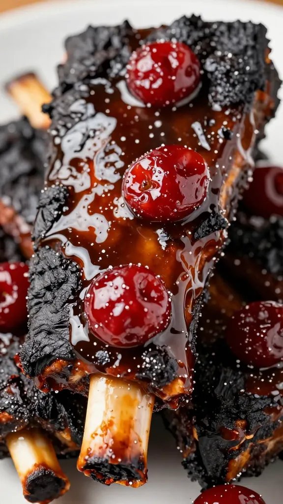 charred rib tip coated in sticky cherry glaze closeup