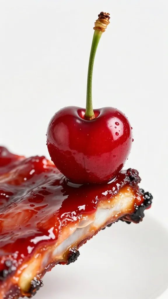single cherry perched on sauce-coated rib edge
