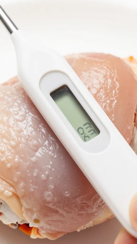 Instant-read thermometer inserted in chicken thigh, macro