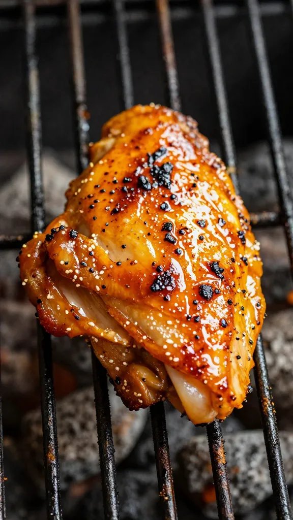 Single glazed BBQ chicken thigh on grill grates, closeup