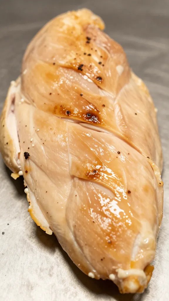 Juicy sliced chicken breast showing 165°F on display