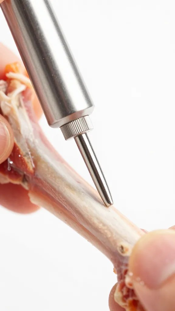 Meat thermometer probe tip against chicken bone, macro