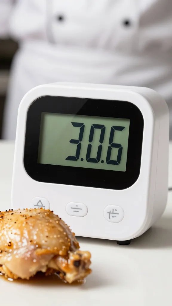 Digital chef timer counting down beside chicken piece