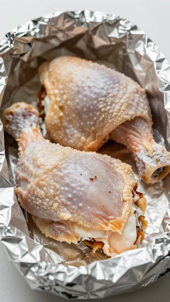 Resting cooked chicken thigh tented with foil, closeup