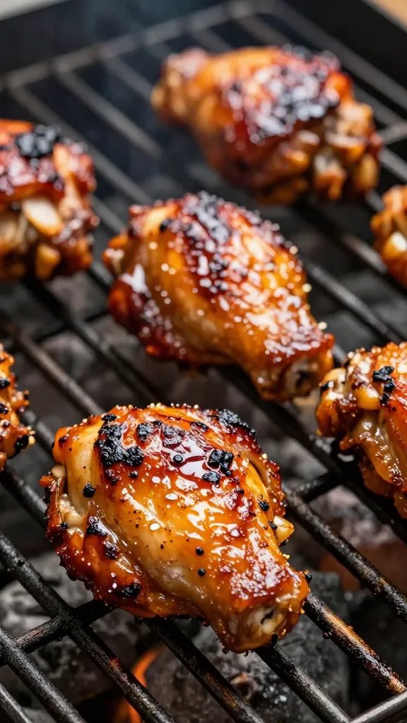 closeup of glazed bbq chicken thigh on grill grates
