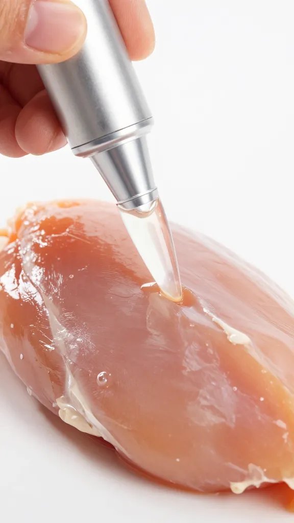 hand injecting brine into chicken breast, macro shot