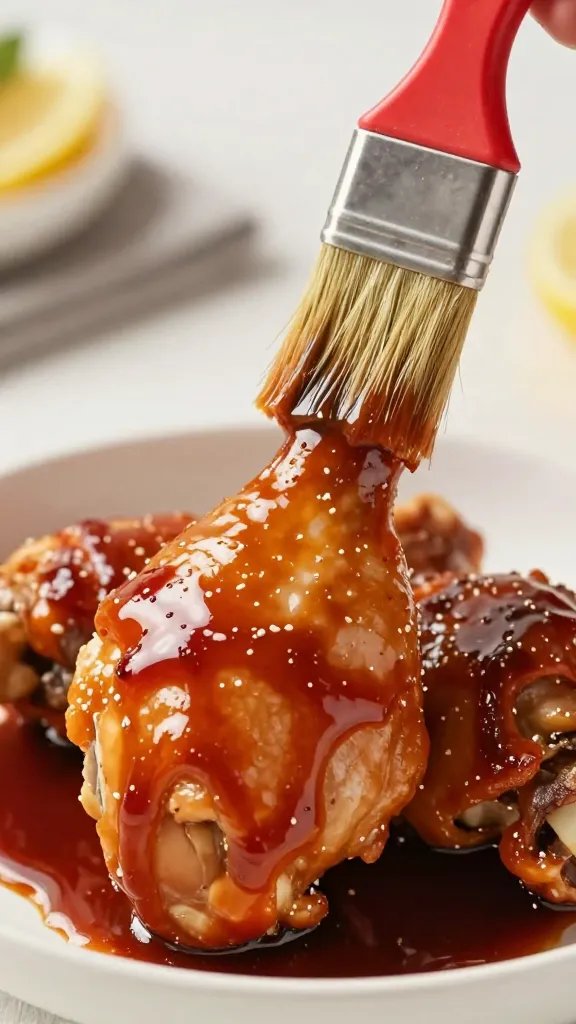 brush glazing chicken drumstick with barbecue sauce