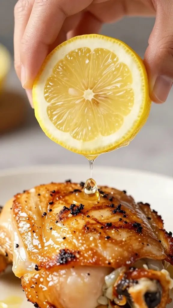 lemon wedge squeezing over grilled chicken thigh, closeup