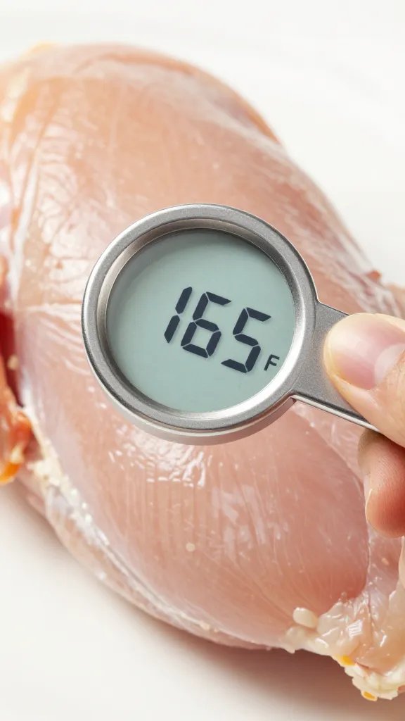 meat thermometer inserted in chicken breast, reading 165°F