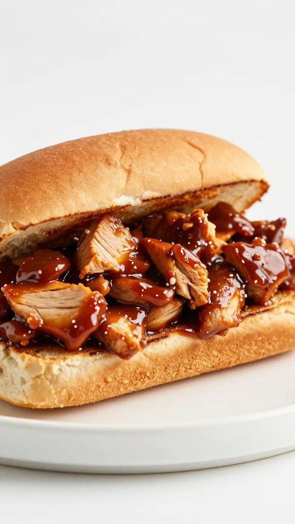 toasted brioche bun holding chopped saucy bbq chicken