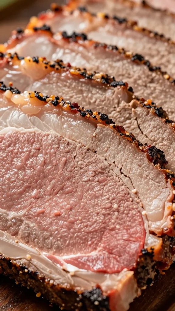 Closeup of sliced brisket end with defined bark