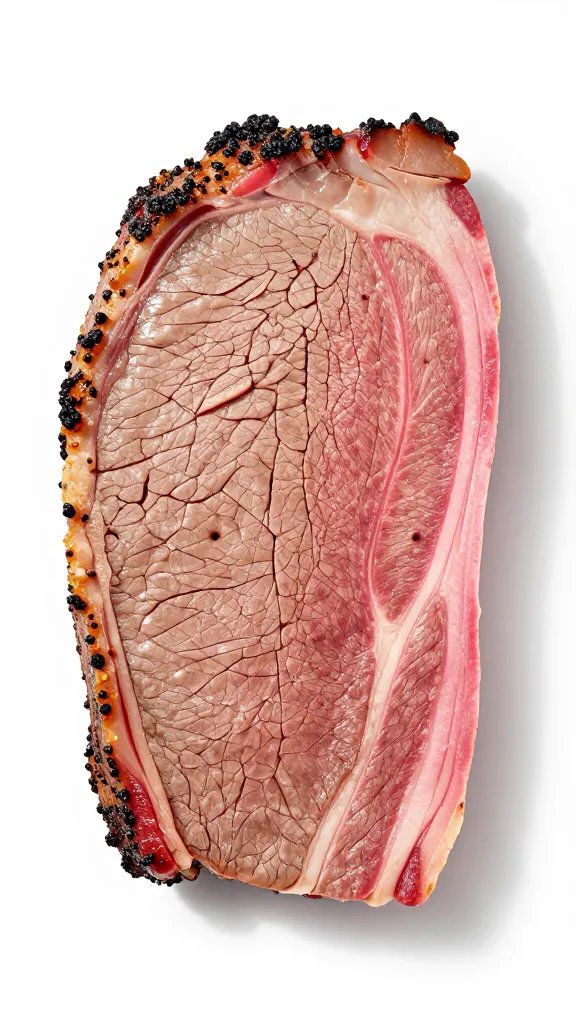 Single brisket slice, pink edge facing camera