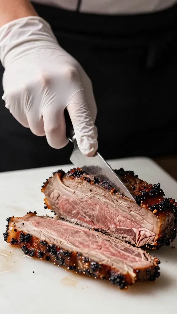 Chef’s gloved hand fanning one brisket slice