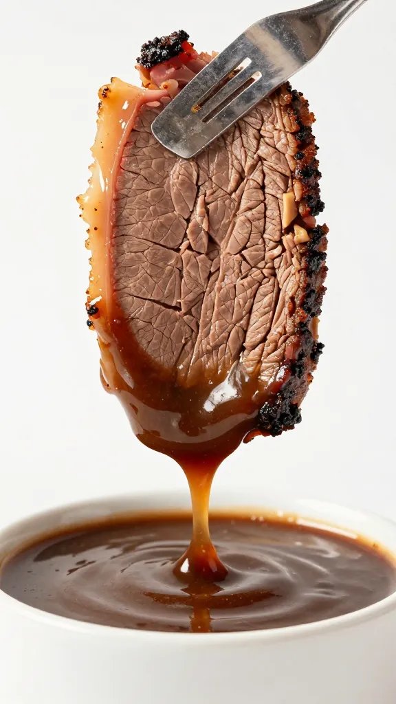 Brisket slice dipped in au jus, dripping