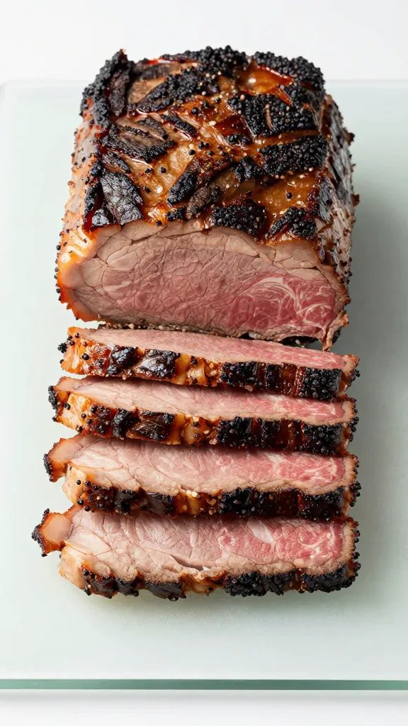 Brisket slice stacked against glass cutting board