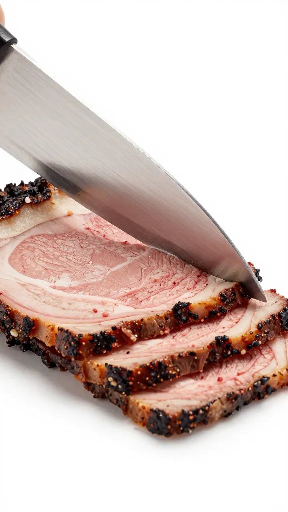 Slicing knife tip lifting thin brisket slice