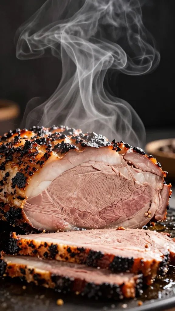 Steam rising from reheated brisket slice