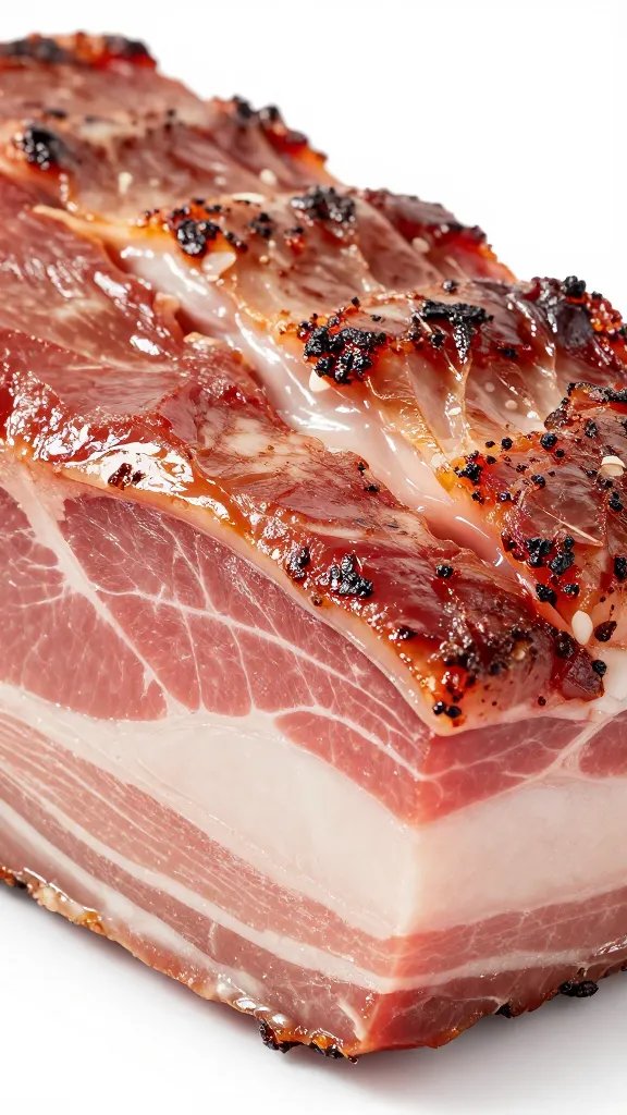 Closeup of rendered fat cap edge on brisket slice